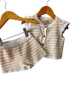 Striped Knit Scallop Trim Tank & Shorts Set in White and Tan 6 Months